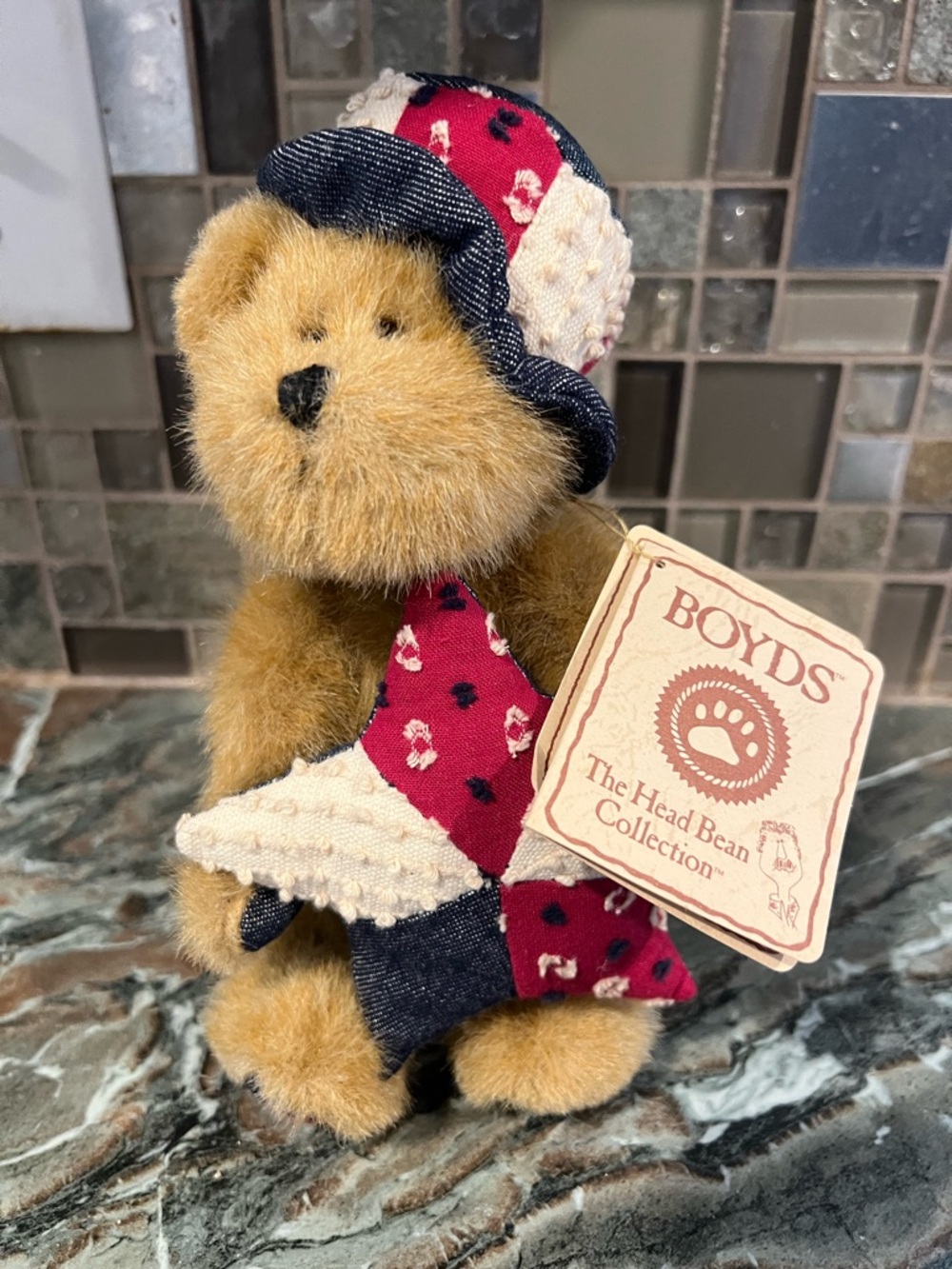 Boyds Bears Patchwork Brown Teddy with Red & Cream Outfit